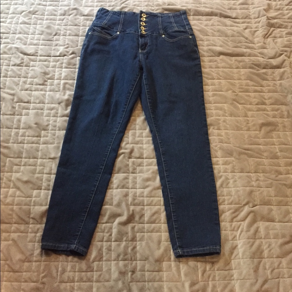 Red blue denim high waisted 5 button jeans